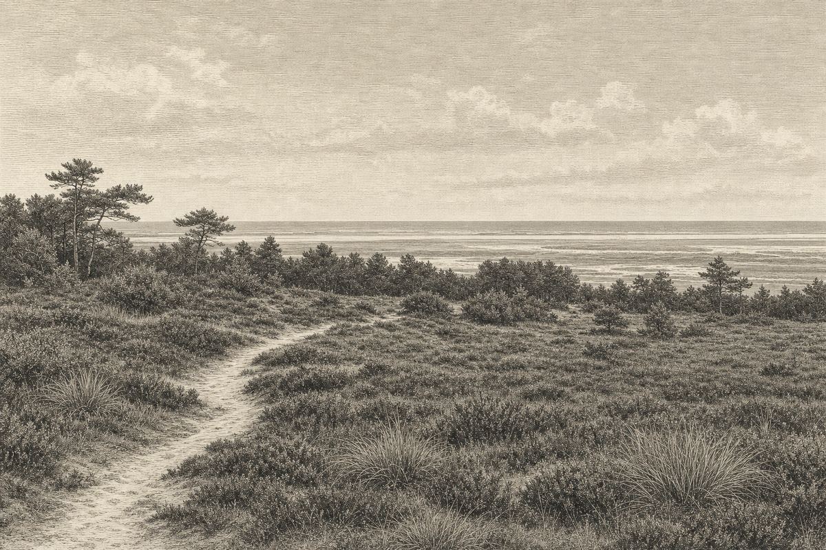 Kupferstich-Ansicht der Cuxhavener Küstenheide: ein Sandweg führt durch niedrige
Zwergstrauchheide, dahinter ein Gürtel windgeformter Kiefern, am Horizont das
Wattenmeer und die offene See